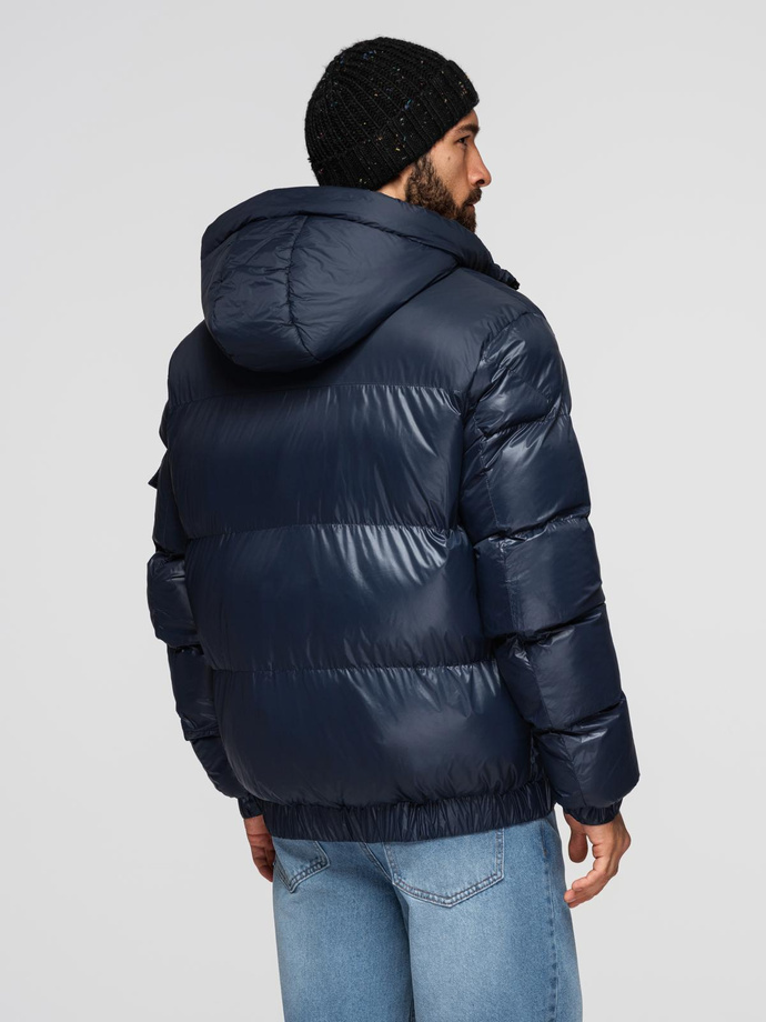 Jachetă puffer călduroasă pentru bărbați cu margini cu nervuri - albastru marin V2 OM-JAHP-0207