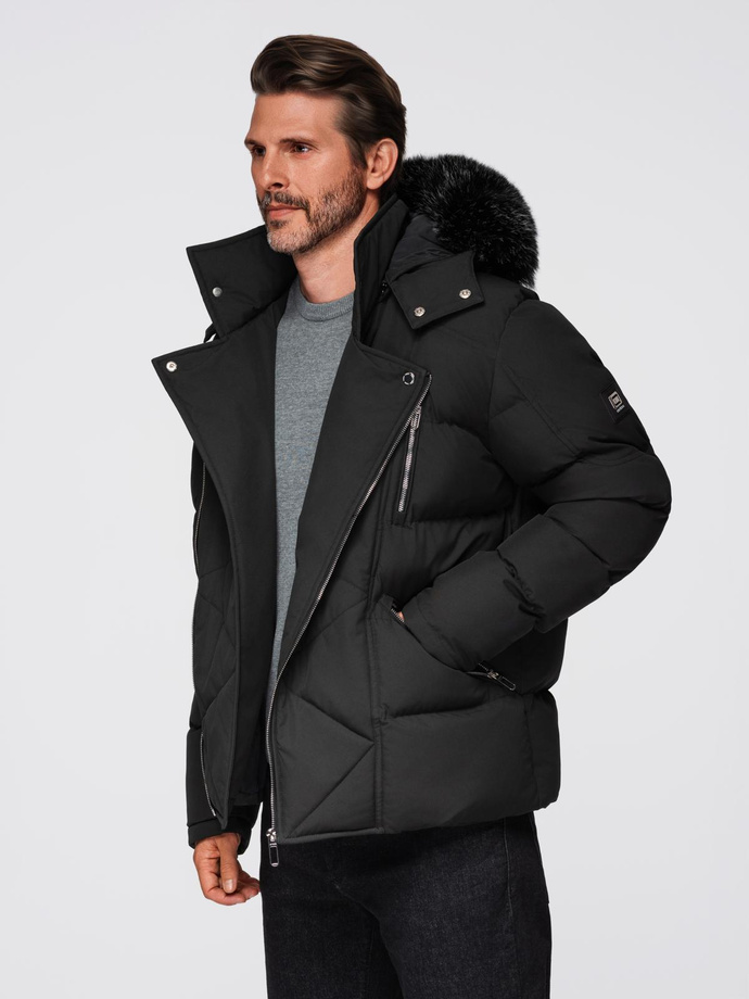 Men's quilted jacket with cut of ramoneski with hood - black V1 OM-JAHP-0252