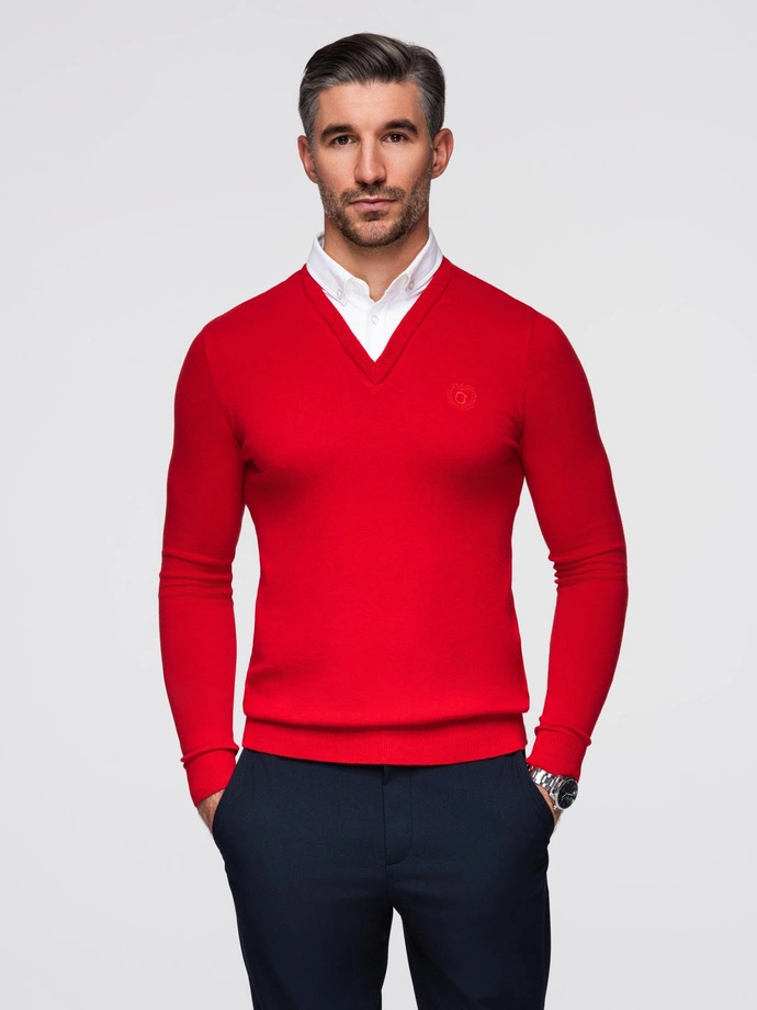 Men's sweater with a "v-neck" neckline with a shirt collar - red V4 OM-SWSW-0102