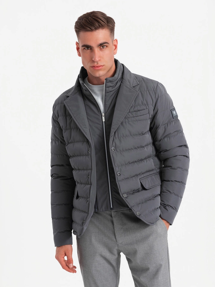 Men's quilted jacket with jacket cut - graphite V2 OM-JALP-0188