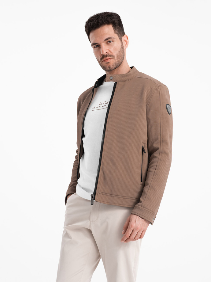 Jachetă BIKER pentru bărbați din material structurat - maro deschis V4 OM-JANP-0138