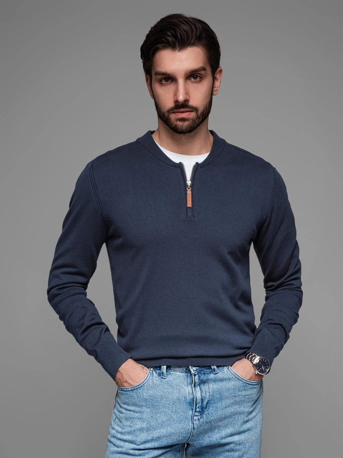 Men's sweater with viscose and spread neckline - navy blue V4 OM-SWZS-0124 