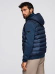Quilted bomber jacket with hood and knitted sleeves - navy blue V2 OM-JALP-0298
