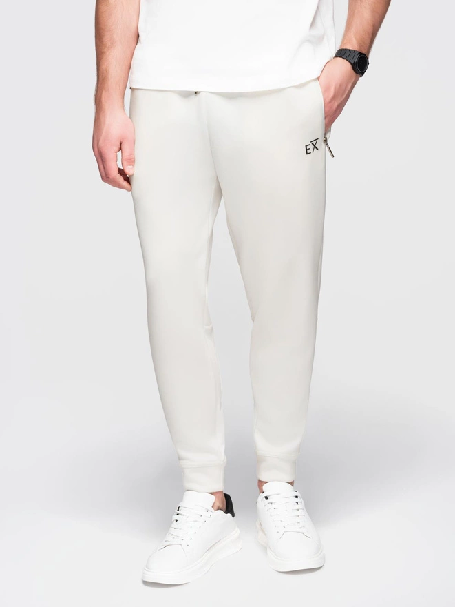 Men's sweatpants with ribbed legs and rubber print - white V2 OM-PASK-0223