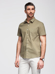 Vyriški medvilniniai ir lininiai marškiniai trumpomis rankovėmis su kišenėmis - alyvuogių spalvos V6 OM-SHSS-0167