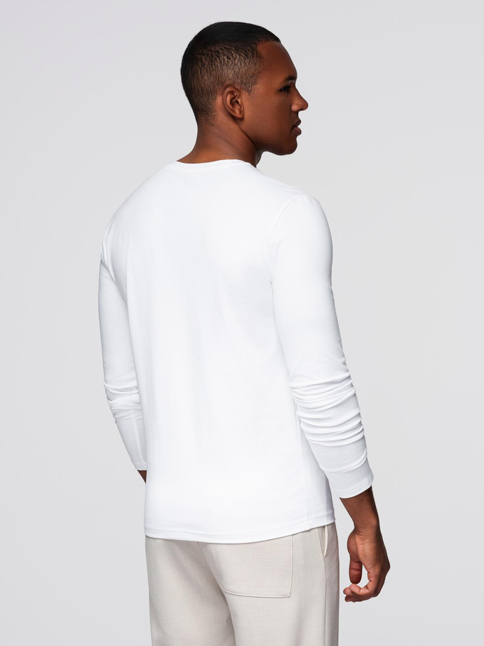 Pánske tričko SLIM FIT s dlhým rukávom do V s elastanom a potlačou - biele V2 OM-LSBC-0123