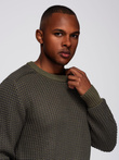 Men's contrast weave sweater with round neckline - dark olive V2 OM-SWSW-0122