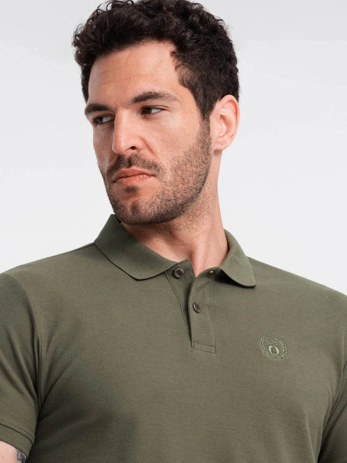 Tricou polo bărbătesc BASIC tricot piqué monocolor - verde-oliv închis V6 OM-POBS-0100
