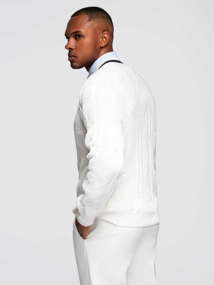 Men's plaid sweater with crew neckline - white V1 OM-SWSW-0151