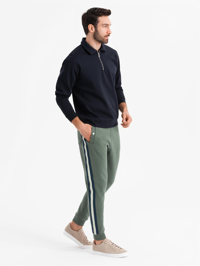 Men's sweatpants with piping and leg ribbing - olive V2 OM-PASK-0258
