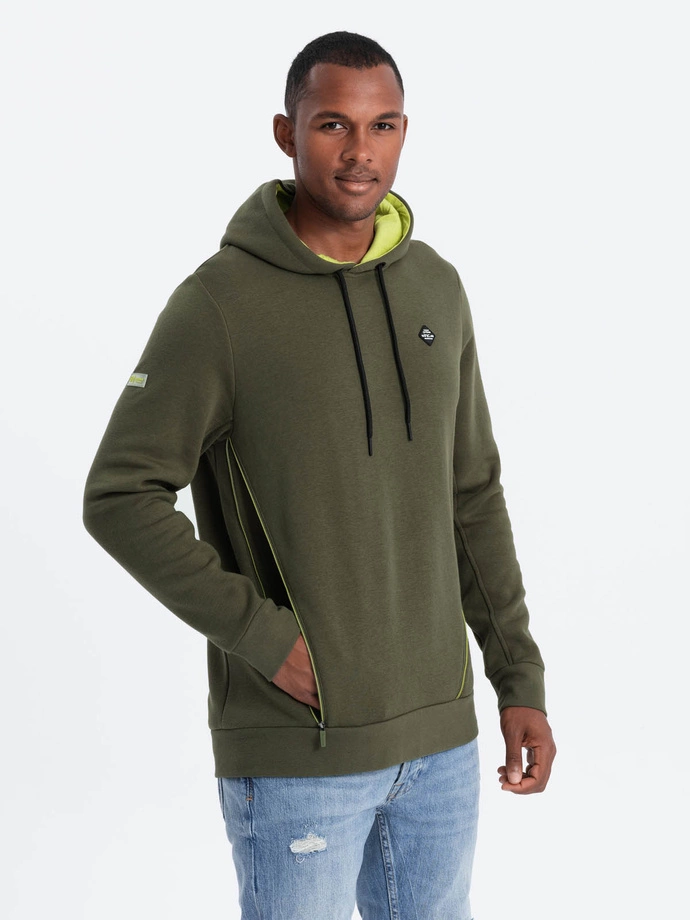 Men's hoodie with zippered pocket - olive V2 OM-SSNZ-22FW-006