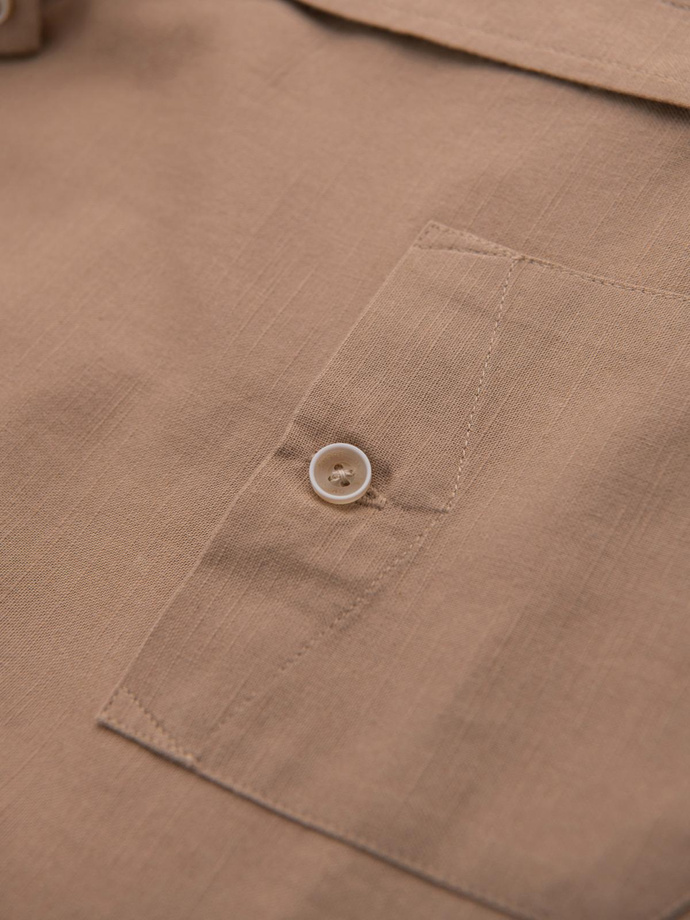 Men's linen shirt with classic collar and pockets REGULAR FIT - light brown V7 OM-SHCS-0134