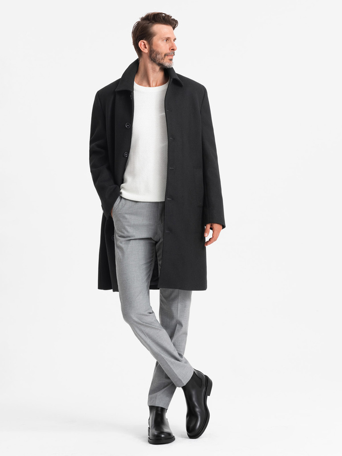 Pánsky dlhý jednoradový kabát s golierom a spodným plášťom - čierny V1 OM-COWC-0106