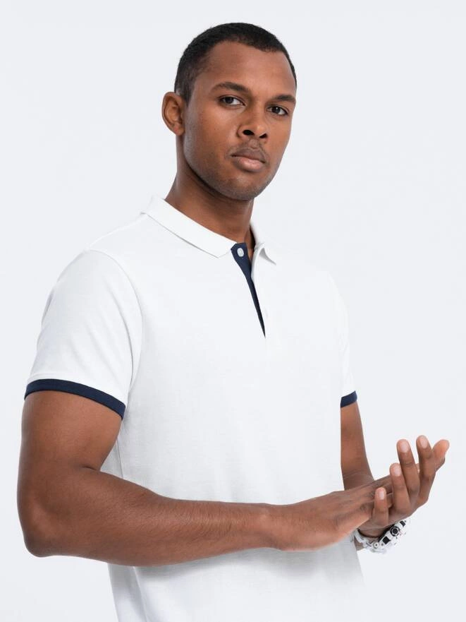 Men's cotton polo shirt with contrast trim - white V1 OM-POSS-0113