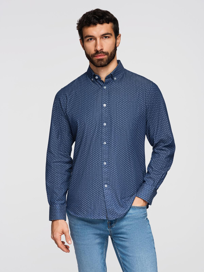 Men's patterned thin denim shirt with pocket - blue V2 OM-SHDS-0179