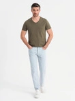 Pánské klasické bavlněné tričko BASIC s výstřihem do V - tmavě olivově zelené V6 OM-TSBS-0237
