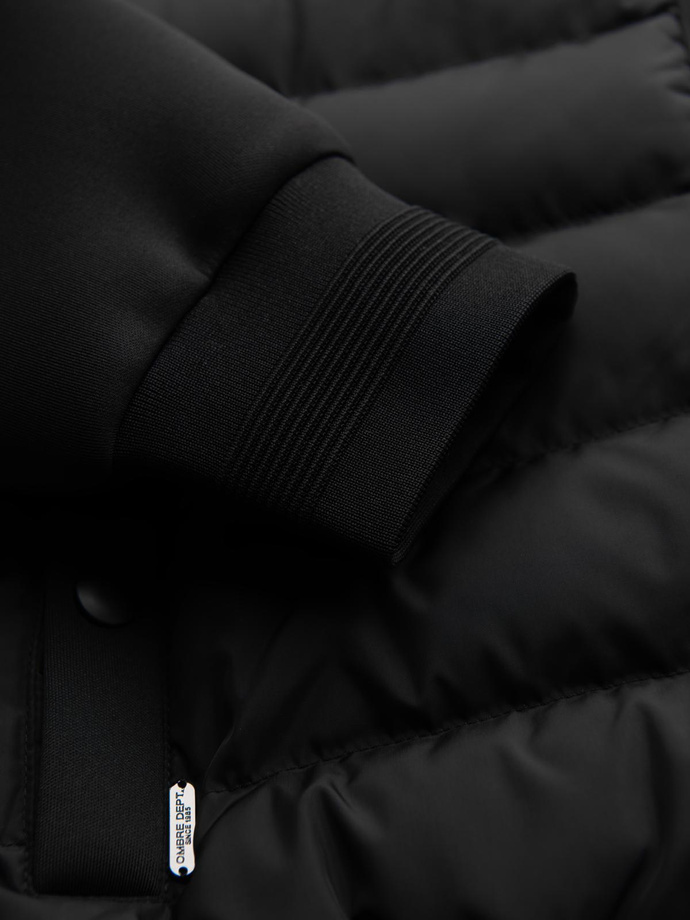 Prešívaná bunda bomber s kapucňou a pletenými rukávmi - čierna V1 OM-JALP-0298