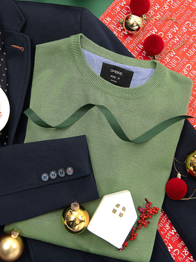 Classic men's sweater with round neckline - green V13 OM-SWBS-0106