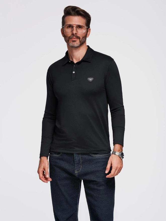 Polo long sleeve shirt with elegant branded buttons - black V1 OM-POLS-0139