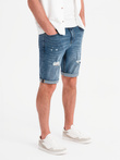 Men's short denim shorts with rubbing and rolled up leg - blue V2 OM-SRDS-0186