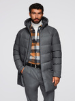 Men's long quilted jacket with hood - grey V2 OM-JALJ-0264