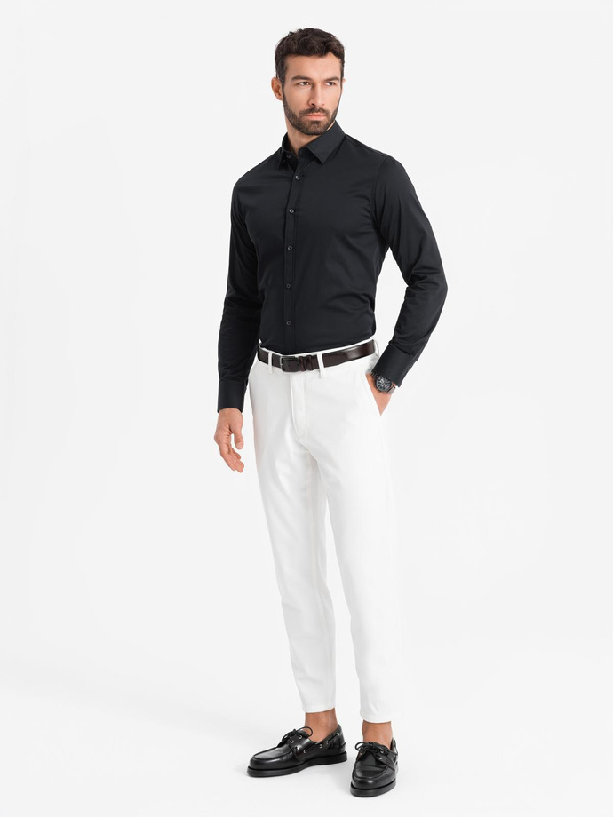 Klasikiniai vyriški SLIM FIT marškiniai iš atlasinio audinio - juodi V4 OM-SHOS-0176