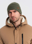 Men's knitted beanie cap with patch - olive V4 OM-ACWH-0123
