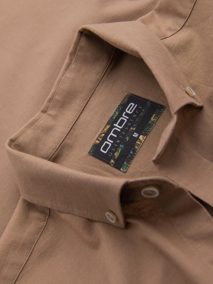 Men's linen shirt with classic collar and pockets REGULAR FIT - light brown V7 OM-SHCS-0134