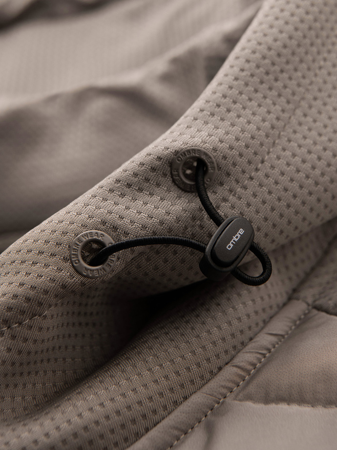 Men's lightweight jacket of combined materials with hood and decorative quilting - ash V3 OM-JANP-0160 