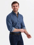 Men's patterned thin denim shirt with pocket - blue V2 OM-SHDS-0179
