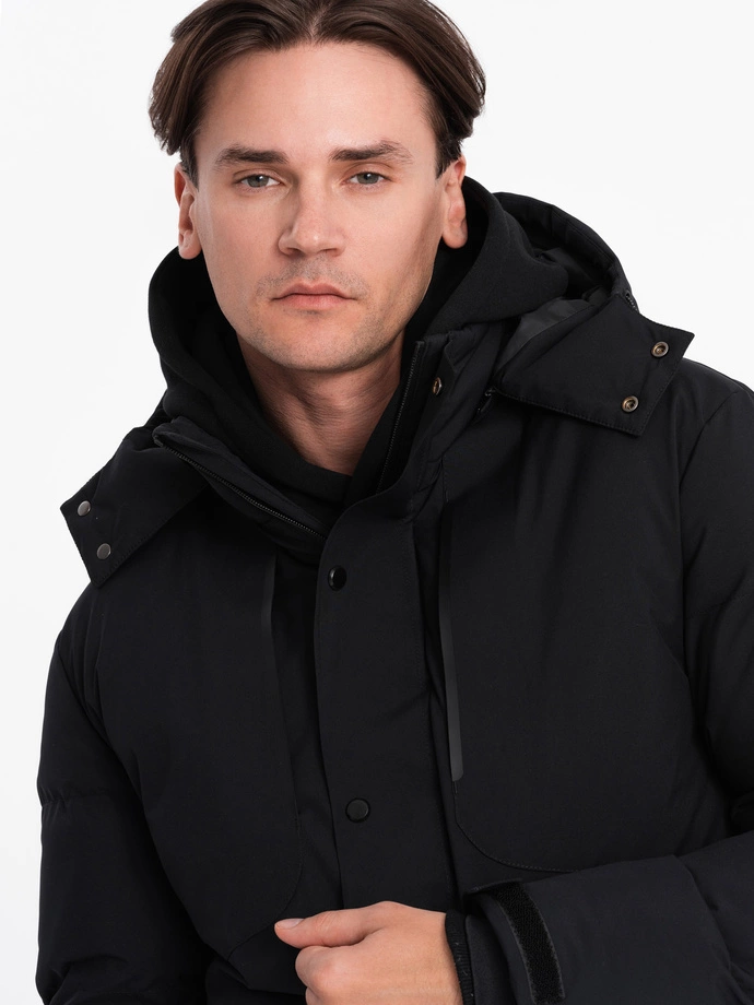 Men's winter jacket with detachable hood and cargo pockets - black V3 OM-JAHP-0152