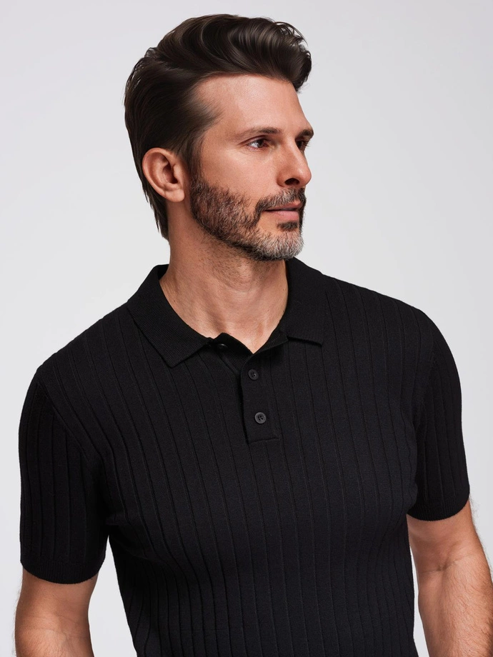 Men's SLIM FIT viscose vertical striped polo shirt - black V1 OM-POSS-0143
