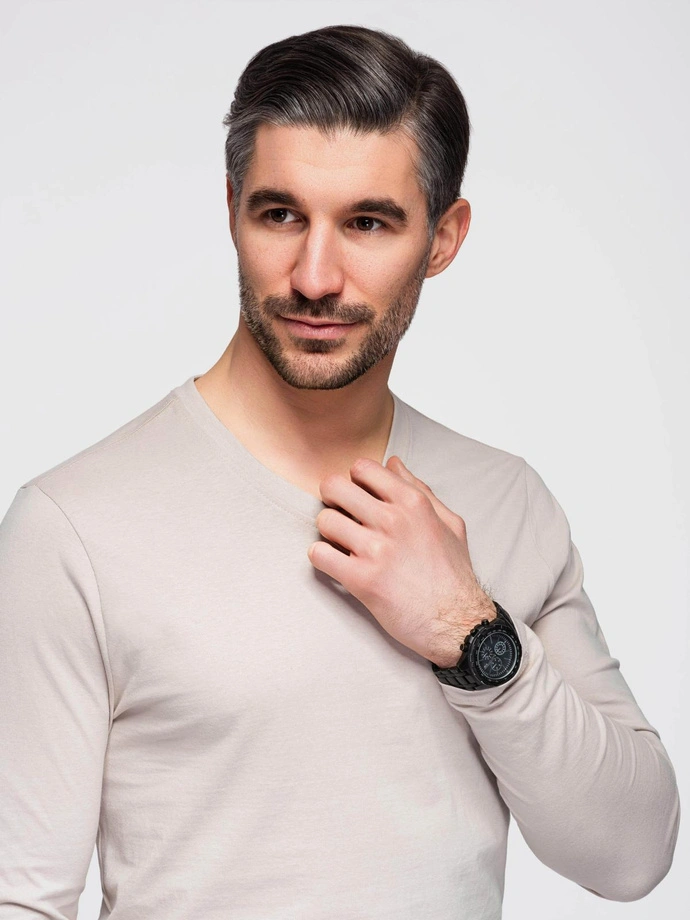 Mâneci lungi neimprimate pentru bărbați cu guler în V - bej deschis V1 OM-LSBL-0108