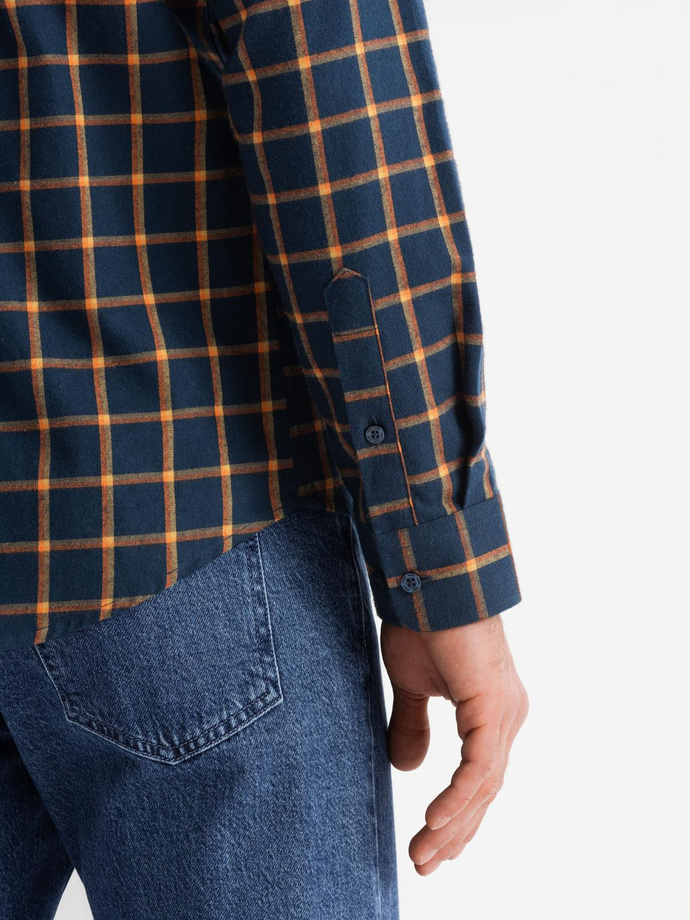 Men's plaid flannel shirt SLIM FIT - navy blue and orange V1 OM-SHCS-0145