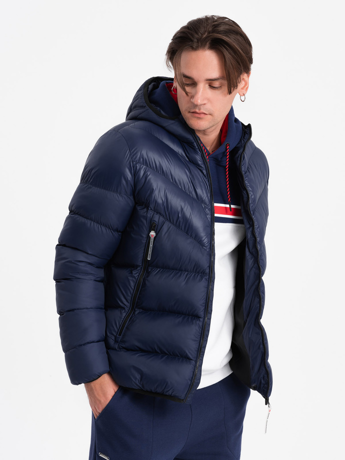 Men's winter quilted jacket of combined materials - navy blue V2 OM-JAHP-0145