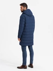 Men's long quilted jacket with lapels and lining - dark blue V1 OM-JALJ-0177