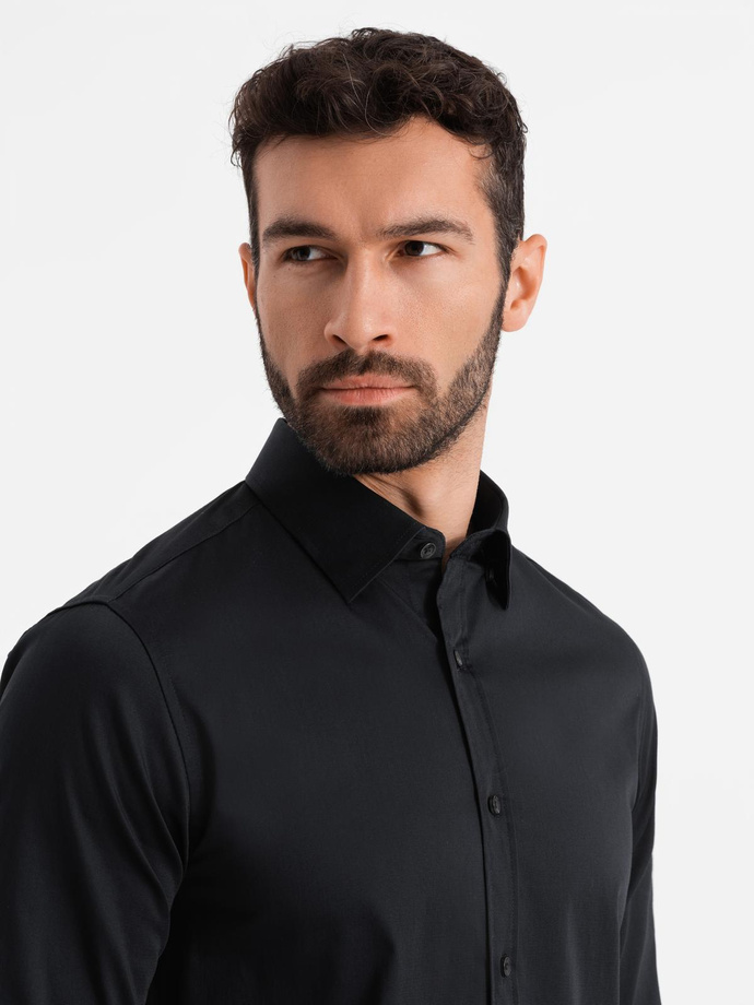 Klasická pánska košeľa SLIM FIT zo saténovej tkaniny - čierna V4 OM-SHOS-0176