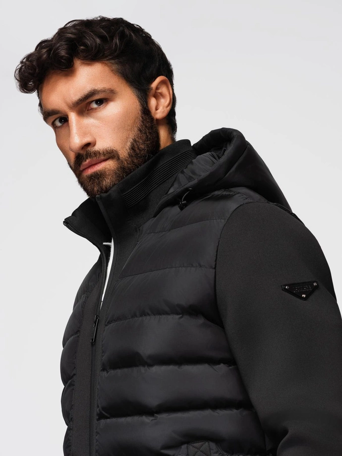 Quilted bomber jacket with hood and knitted sleeves - black V1 OM-JALP-0298