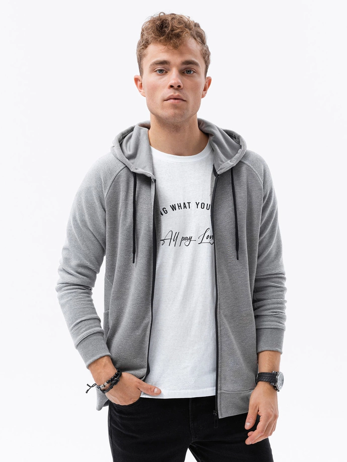 Men's unbuttoned hooded sweatshirt - grey melange V3 B1083