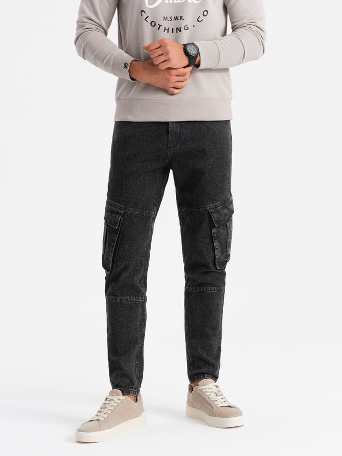 Džínsové cargo nohavice SLIM FIT s bieleným efektom - čierne V2 OM-PADP-0176