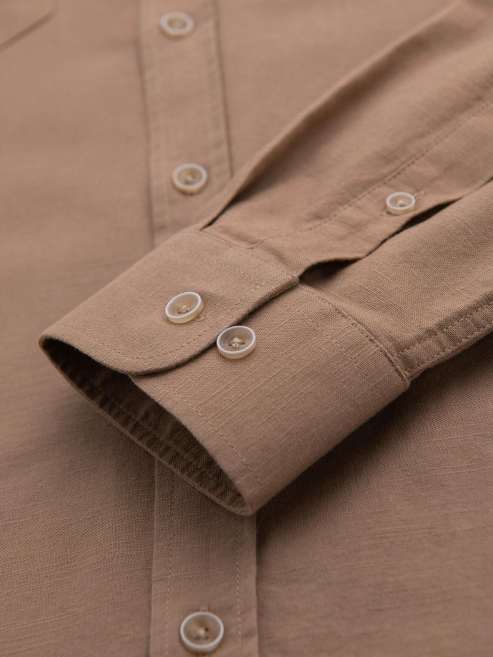 Men's linen shirt with classic collar and pockets REGULAR FIT - light brown V7 OM-SHCS-0134