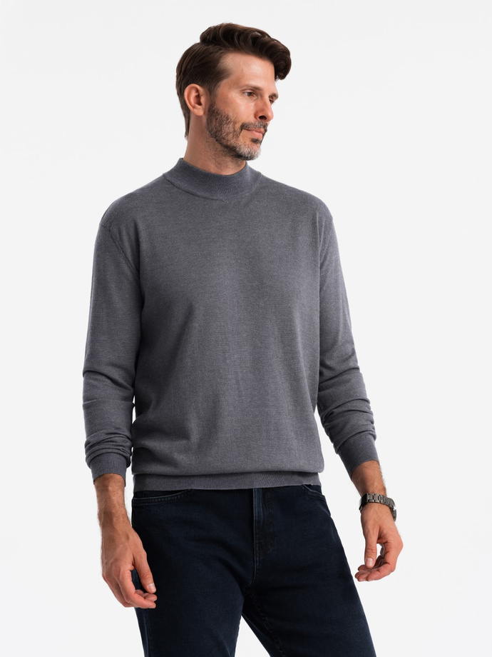 Men's knitted half-golf with viscose - grey melange V3 OM-SWTN-0100
