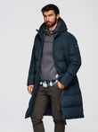 Classic men's long hooded jacket - navy blue V2 OM-JALJ-0269