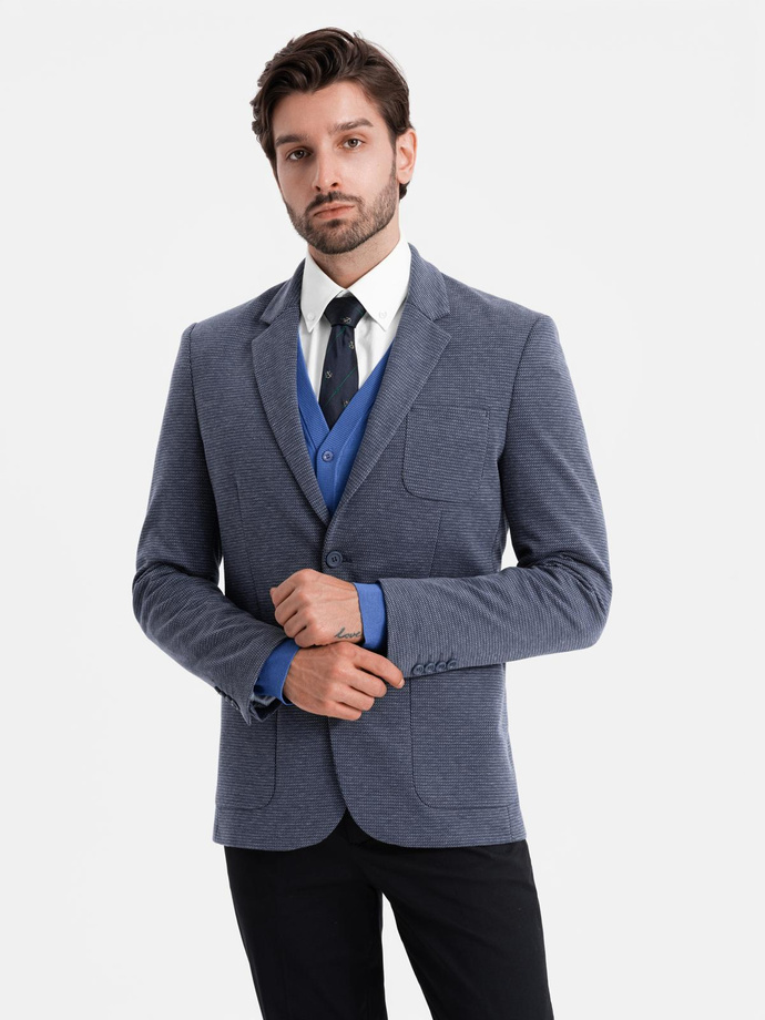 Fitted elegant men's structured knit blazer - navy blue V1 OM-BLZB-0129