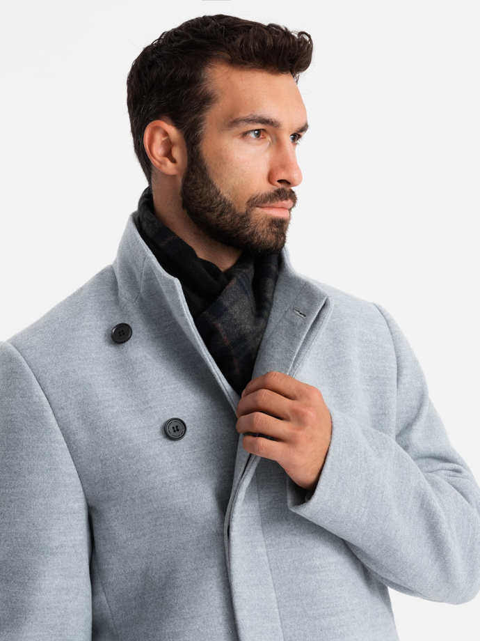Men's coat with high collar and asymmetrical fastening - grey melange V1 OM-COWC-0120