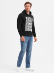 Men's unlined kangaroo sweatshirt with hood and print - black V1 OM-SSPS-0158