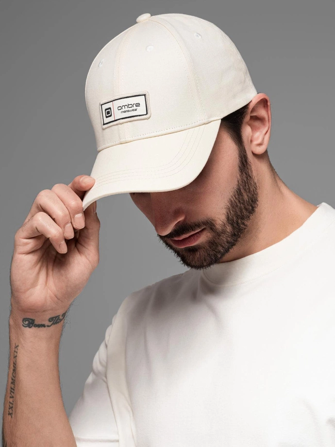 Men's baseball cap with visor and patch - cream V4 OM-ACCS-0103 