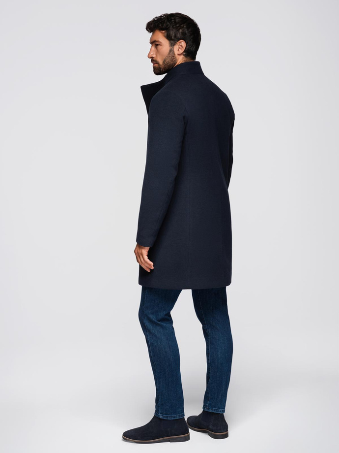Men's coat with asymmetrical fastening and high collar - navy blue V3 OM-COWC-0141