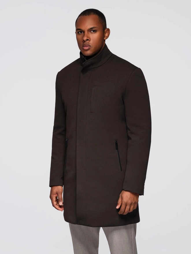 Men's coat with asymmetrical fastening and high collar - light brown V4 OM-COWC-0120