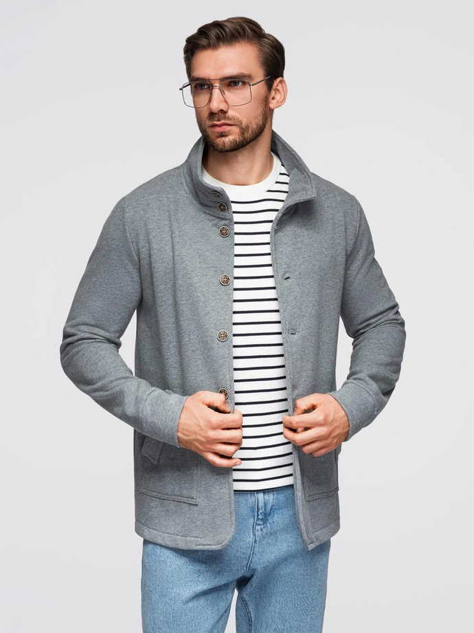 Washed men's sweatshirt with decorative stitching at the neckline - navy blue V4 OM-SSDS-0131